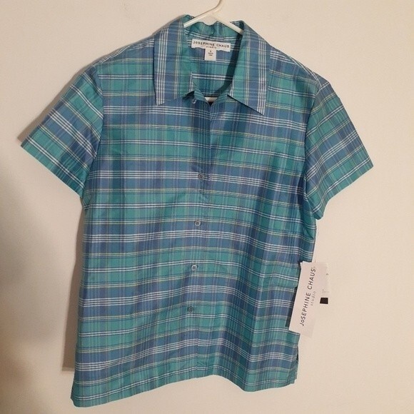 Josephine Chaus Tops - josephine chaus studio silk shirt blouse blue green plaid 6 new top career  s m